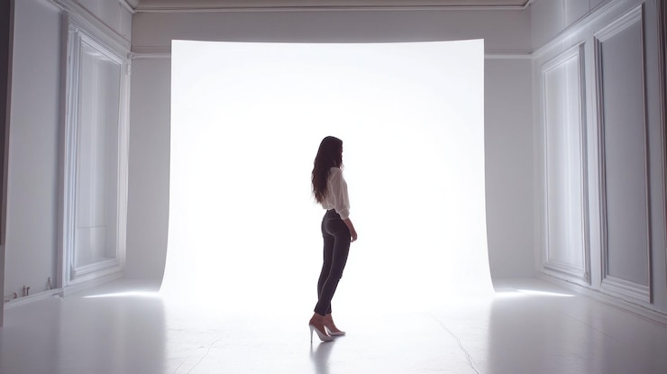 PSD woman in white top and black pants posing against bright backdrop in a white room