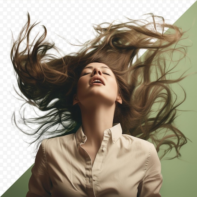 Woman wildly flipping hair on transparent background