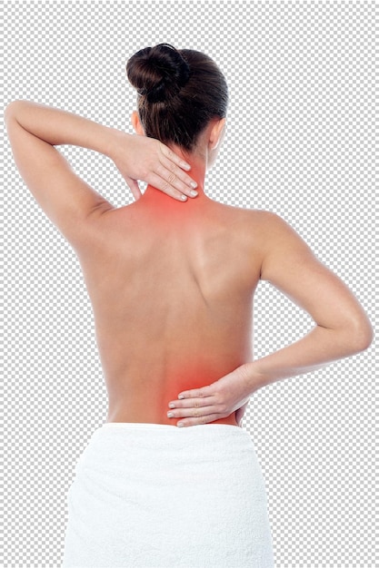 a woman with a back pain is holding a man  s back
