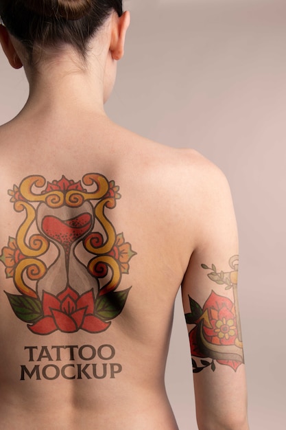 PSD woman with back tattoo mock-up