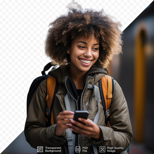 A woman with a backpack and a cell phone.