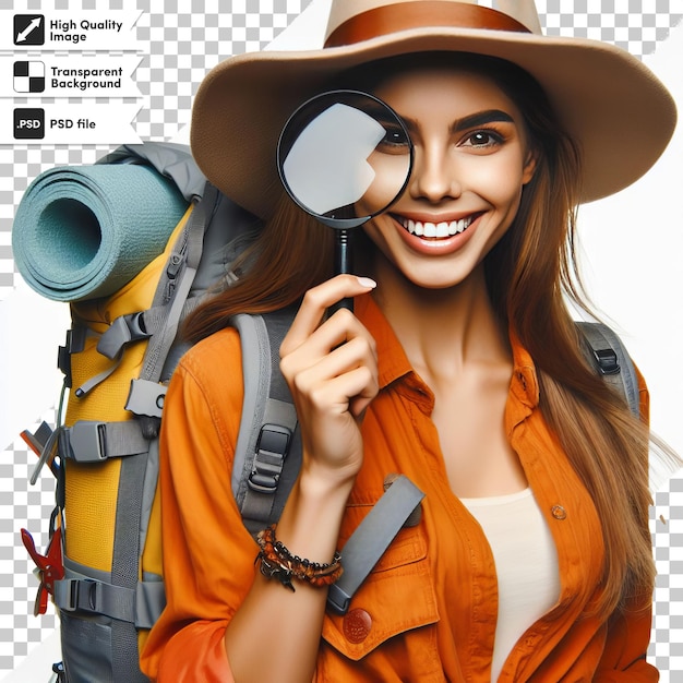 A woman with a backpack on her head and a camera on the cover