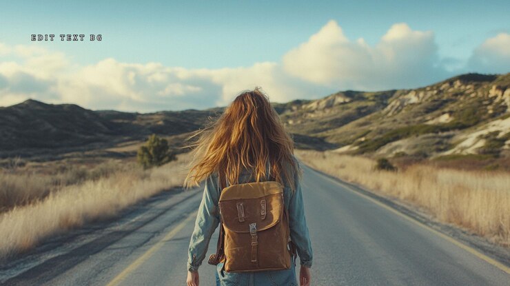 PSD woman with backpack walking on empty road towards hills