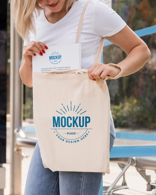 Woman with bag mock-up concept