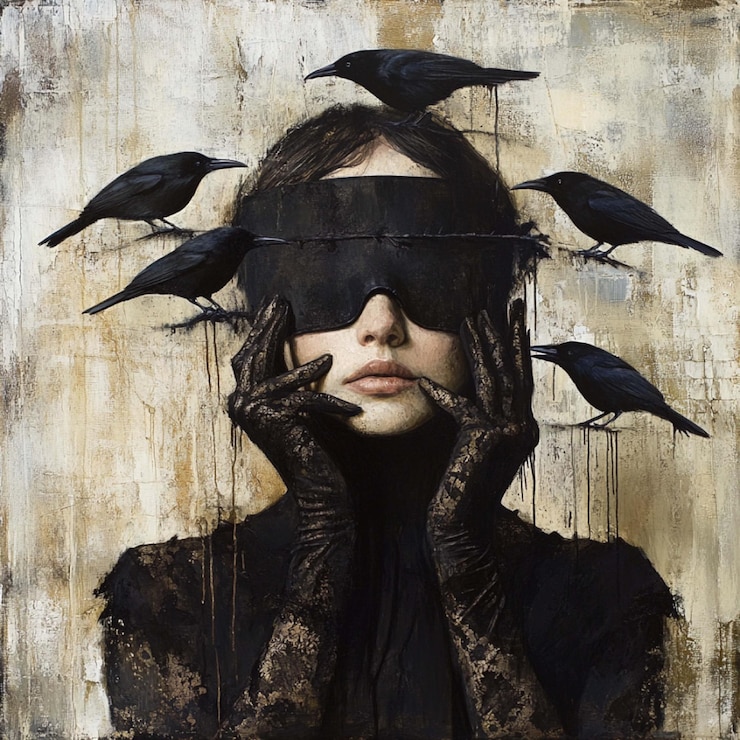 PSD a woman with a bird on her face is covering her eyes with a pair of black birds