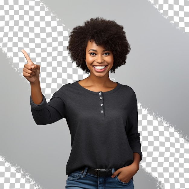 a woman with a black afro is pointing at the camera.