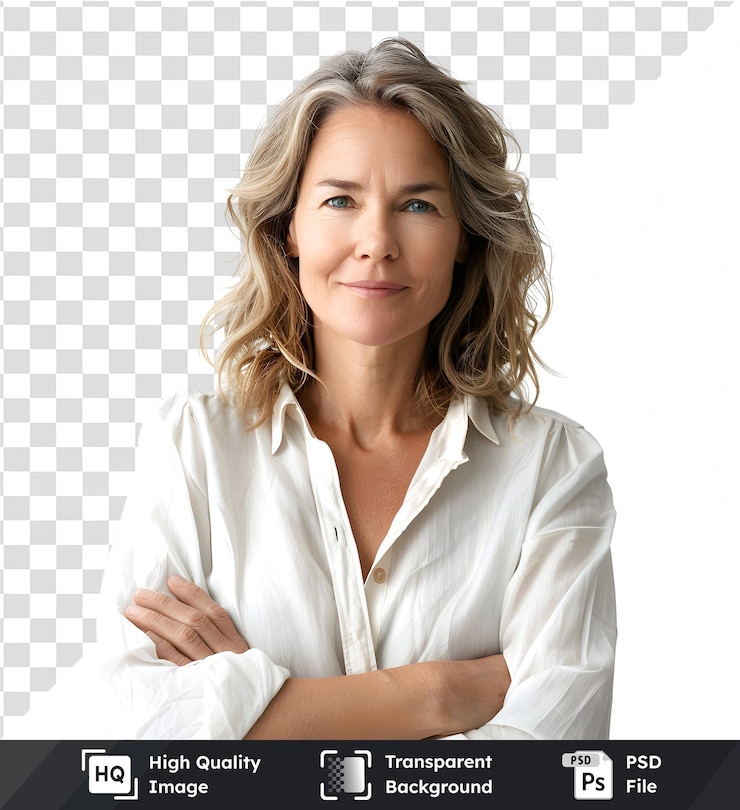 PSD woman with blond hair poses confidently arms crossed against white background a portrait of stre