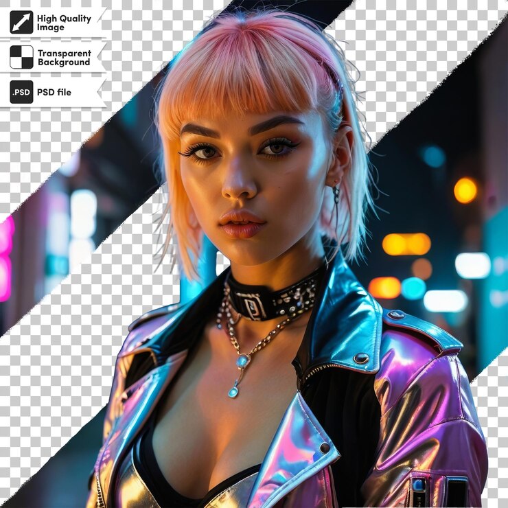 PSD ブロンドのと黒と銀のジャケットを着た女性