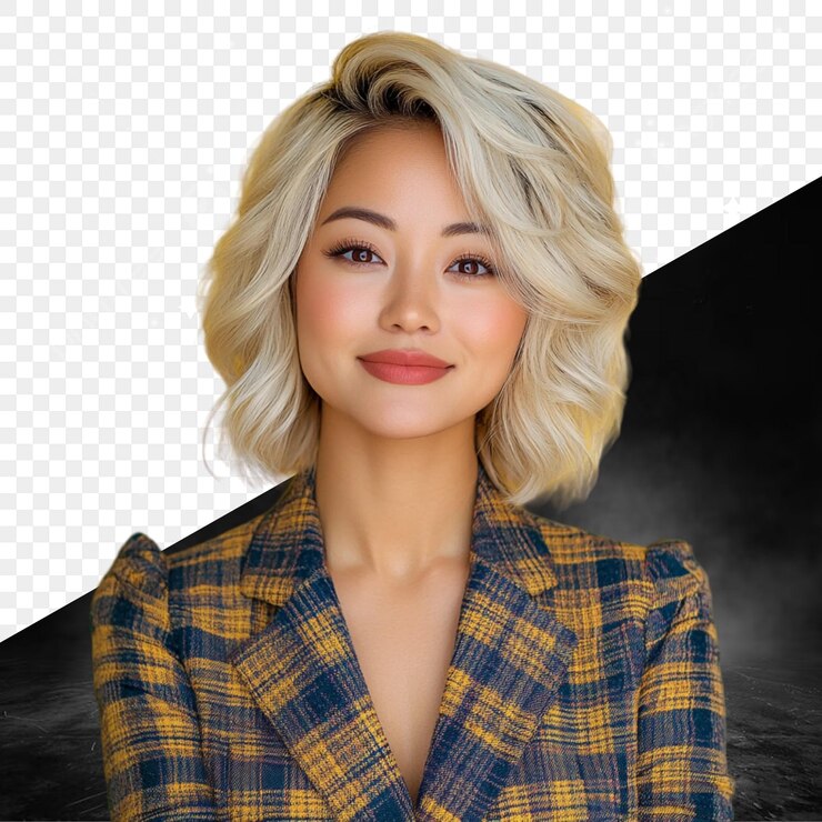 PSD ブロンドのと青と黄色のプレードのシャツを着た女性