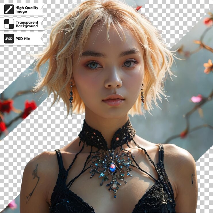 PSD 금발 머리카락과 머리에 목걸이를 가진 여자