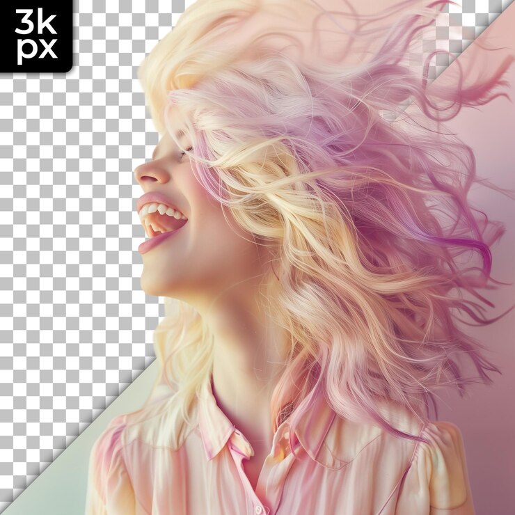 PSD a woman with blonde hair and a pink shirt with the letters x - p on it