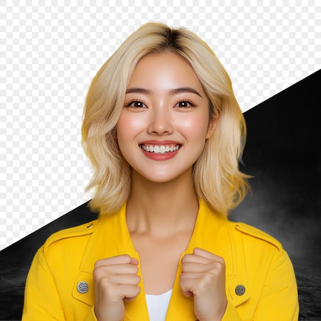 黄色いジャケットを着た金の女性が写真のためにポーズをとっていると書かれています