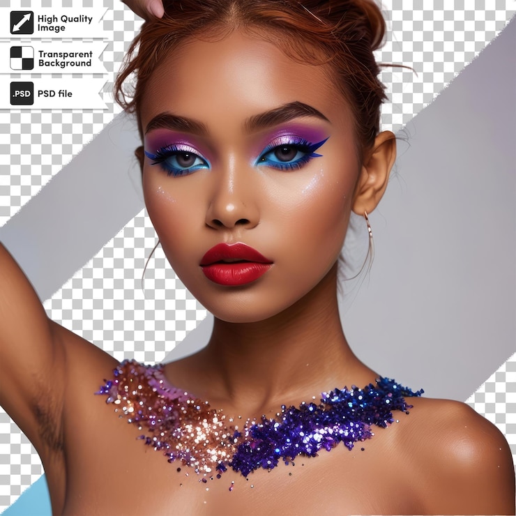 PSD a woman with a blue eye shadow on her face is shown