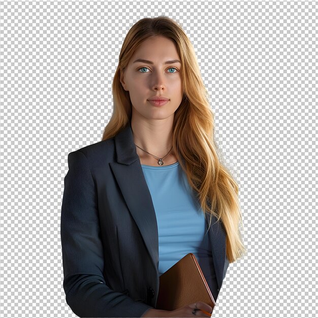 A woman with a blue shirt is holding a book