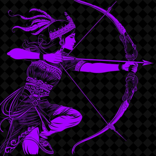 A woman with a bow and arrow on her head is shown