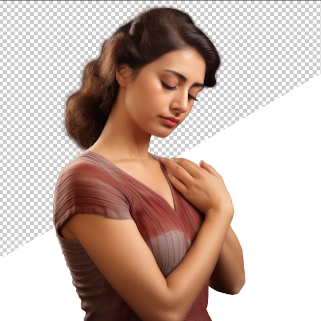 PSD a woman with a brown dress and a red bow on her neck