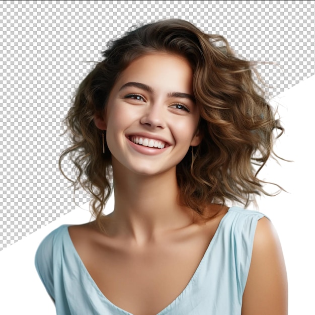 PSD a woman with brown hair and a blue shirt with a white background