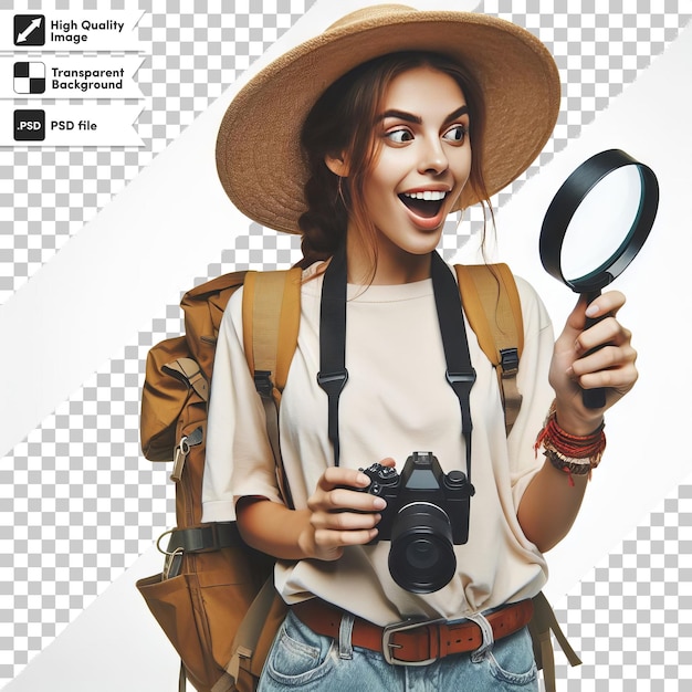 A woman with a camera and a magnifying glass