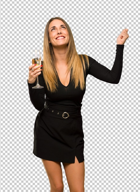 PSD woman with champagne celebrating new year 2019 celebrating a victory in winner position