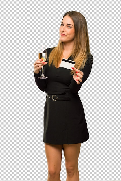 PSD woman with champagne celebrating new year 2019 holding a credit card