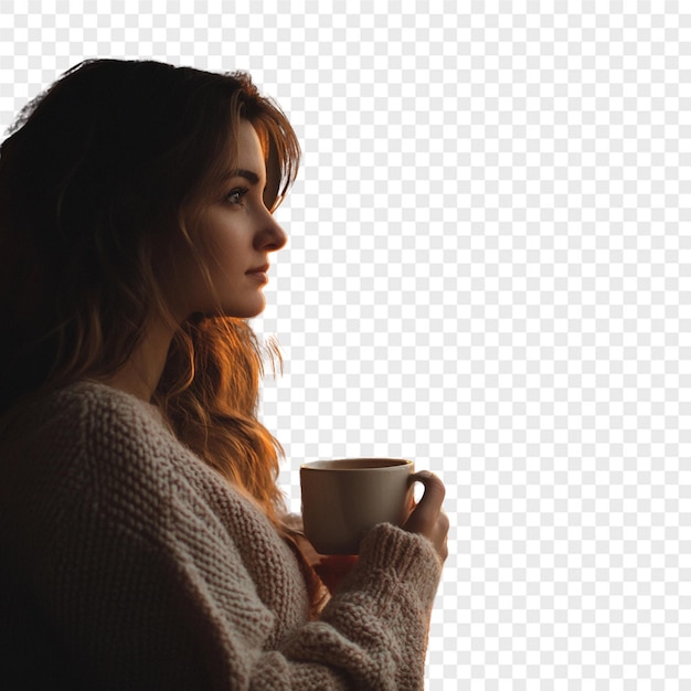 手にコーヒーカップを持った女性