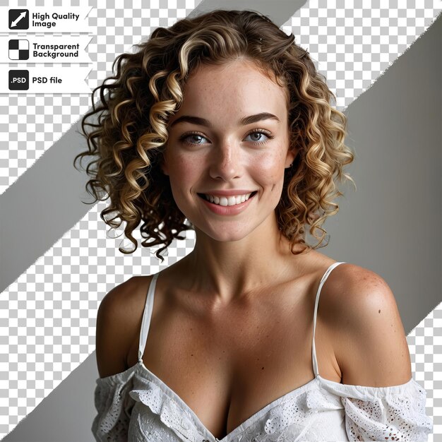 PSD a woman with curly blonde hair is smiling