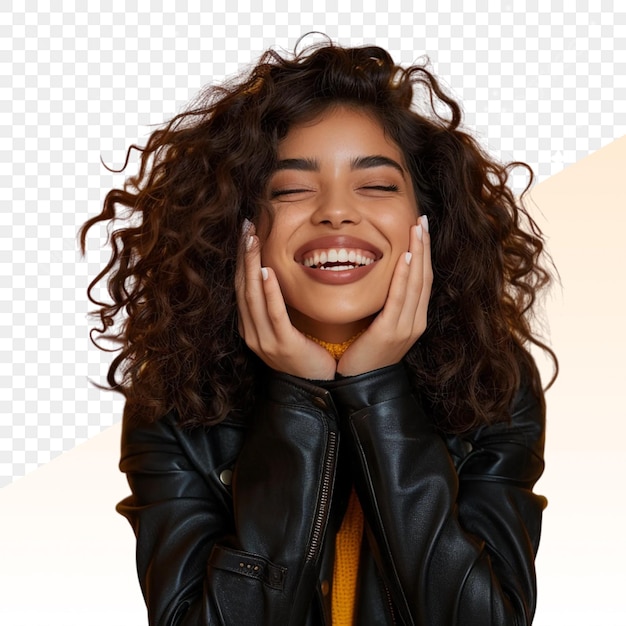 a woman with curly hair and a black jacket is smiling and smiling