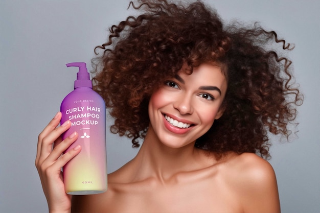 PSD woman with curly hair holding shampoo mockup