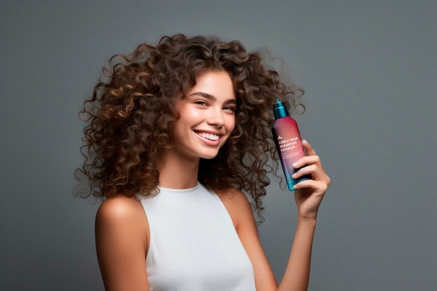 PSD woman with curly hair holding shampoo mockup