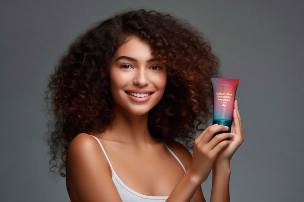 PSD woman with curly hair holding shampoo mockup