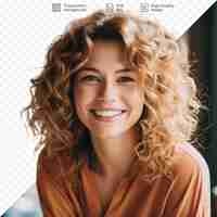 PSD a woman with curly hair smiles in front of a picture of a woman.