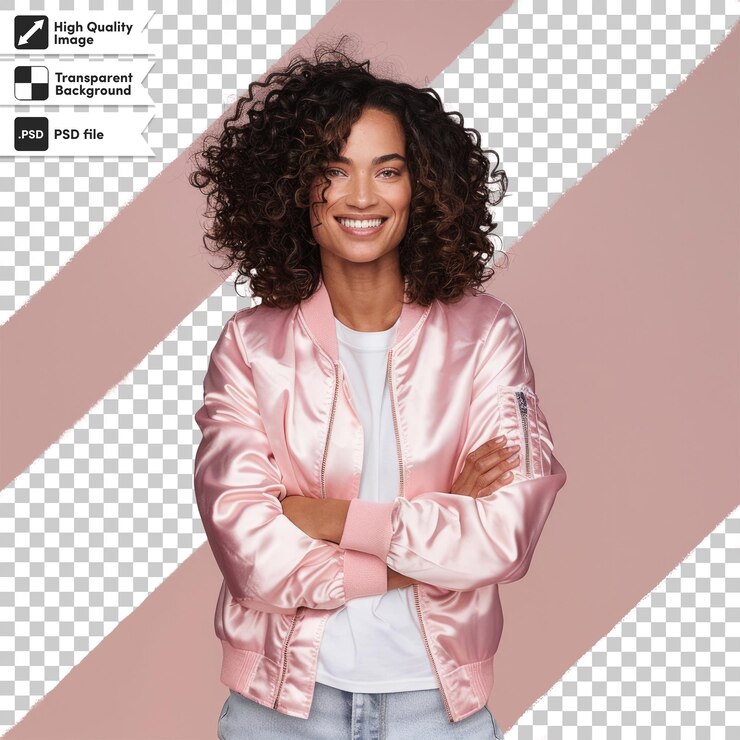 PSD a woman with curly hair stands in front of an ad for a video