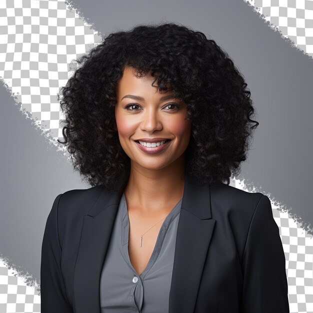 PSD a woman with curly hair stands in front of a black and white photo.