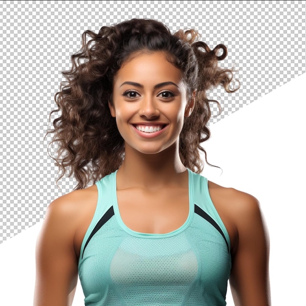 PSD a woman with curly hair wearing a tank top with a logo on it