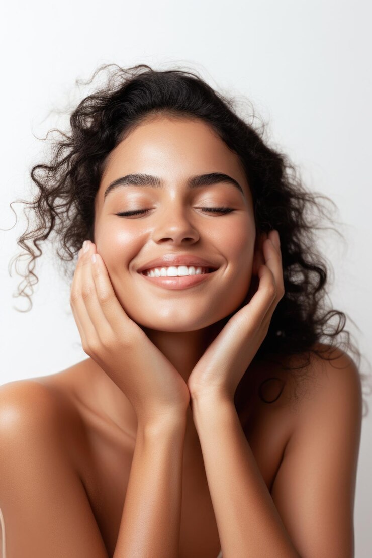 PSD a woman with curly hair and a white background