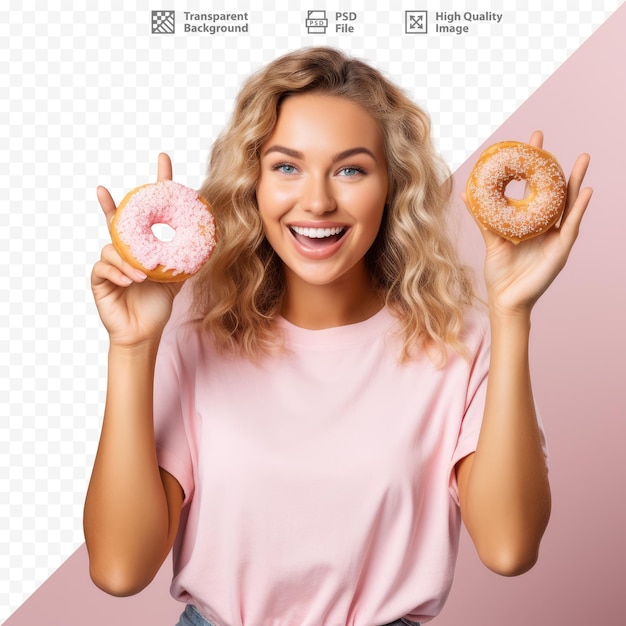 PSD a woman with a donut on her hand and a sign that says donuts