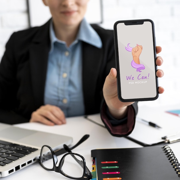 PSD woman with empowerment mock-up smartphone screen