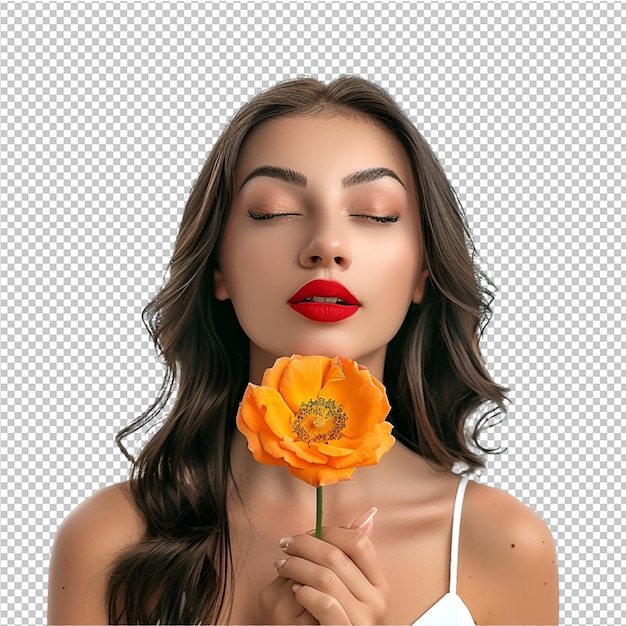 PSD a woman with a flower in her hand and the words  she is