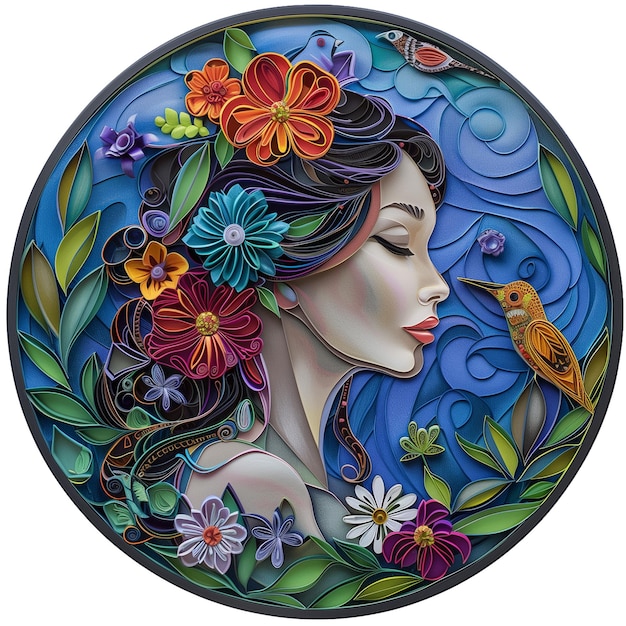PSD donna con fiori e farfalle a forma di cerchio isolato su uno sfondo trasparente
