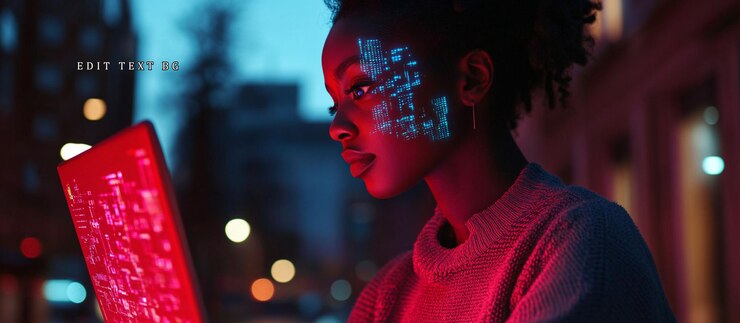 PSD woman with futuristic face paint uses laptop at night