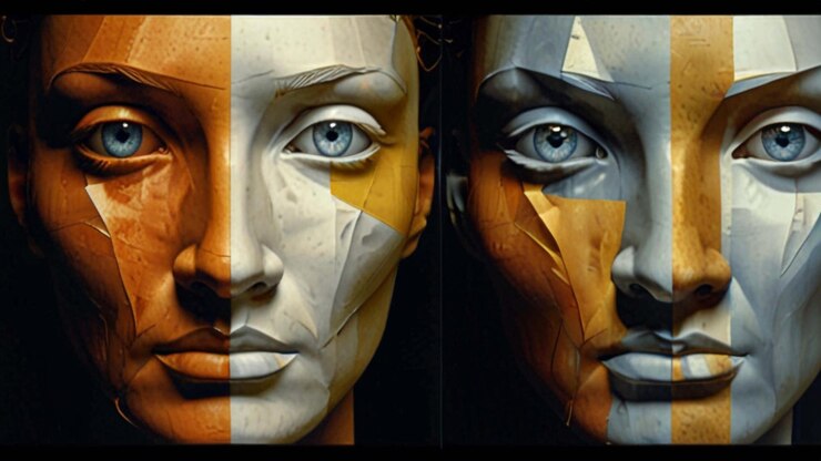 PSD a woman with a geometric face is shown with a geometric pattern