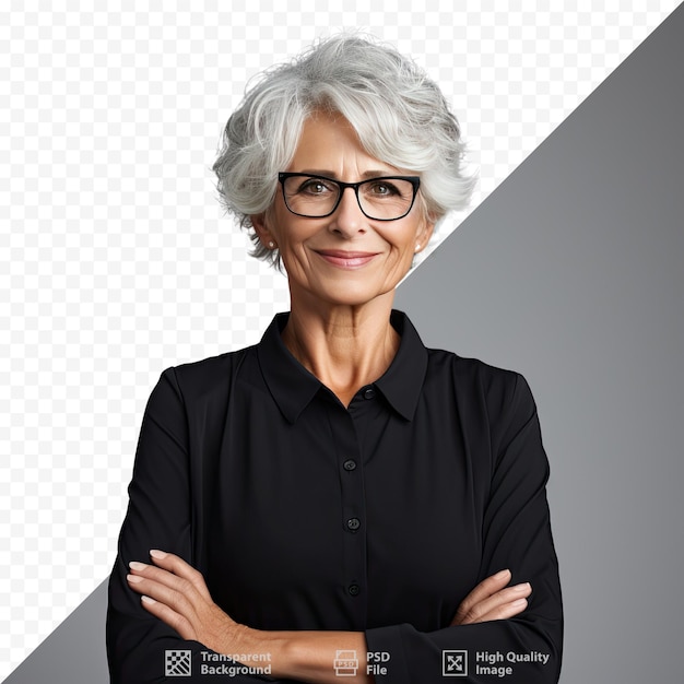 A woman with glasses and a black shirt with the words 