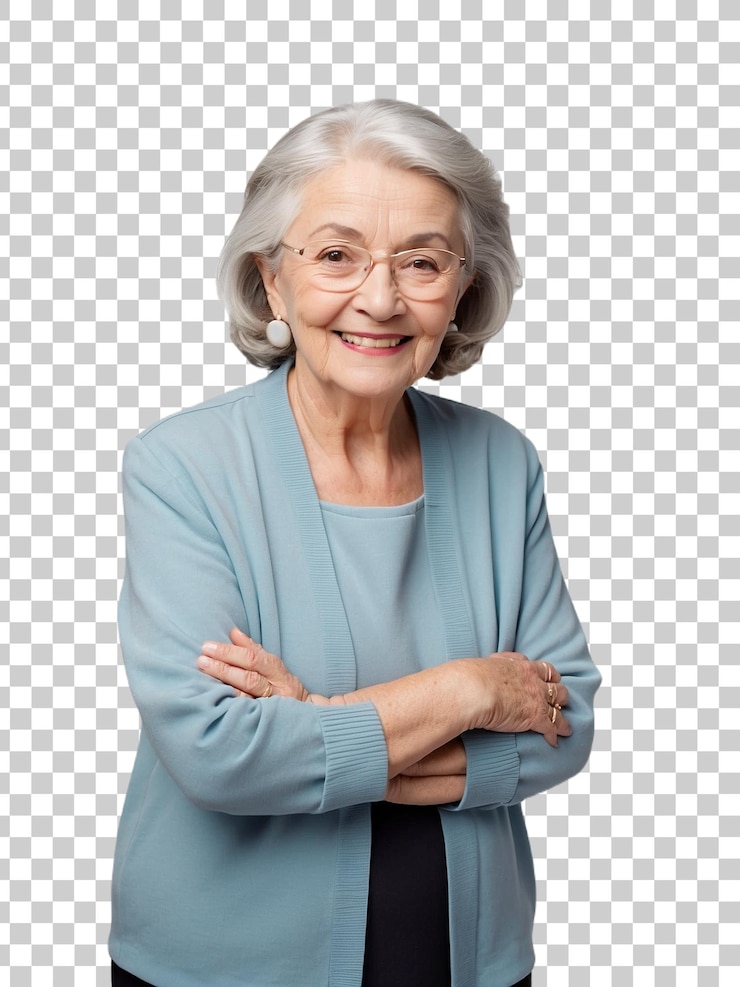 PSD a woman with glasses and a blue shirt on her chest
