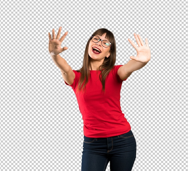 PSD woman with glasses counting ten with fingers