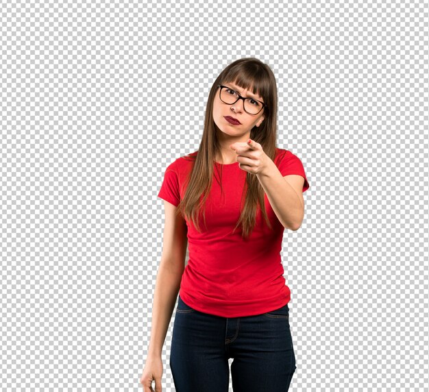 PSD woman with glasses frustrated and pointing to the front