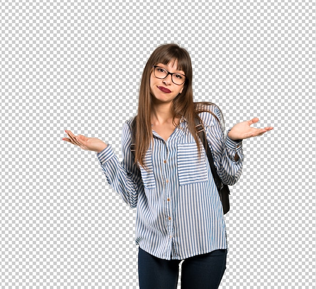 Woman with glasses having doubts while raising hands
