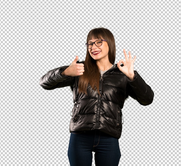 PSD woman with glasses showing ok sign with and giving a thumb up gesture