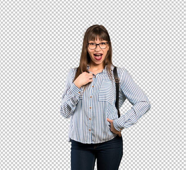 PSD woman with glasses surprised and shocked while looking right