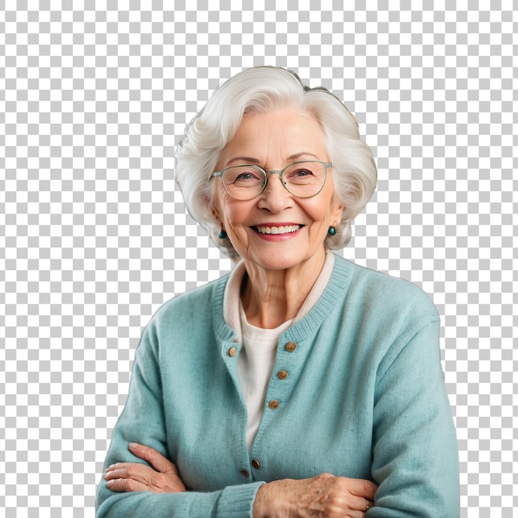 PSD a woman with glasses and a sweater on her arms