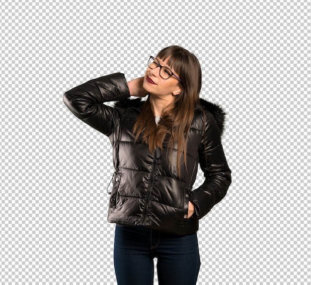 PSD woman with glasses thinking an idea while scratching head